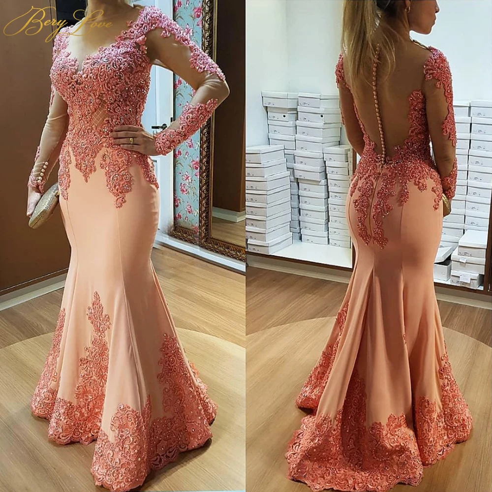 

Long Sleeves Muslim Evening Dress 2020 Mermaid Lace Beaded See Through Islamic Dubai Saudi Arabic Long Evening Gown Prom