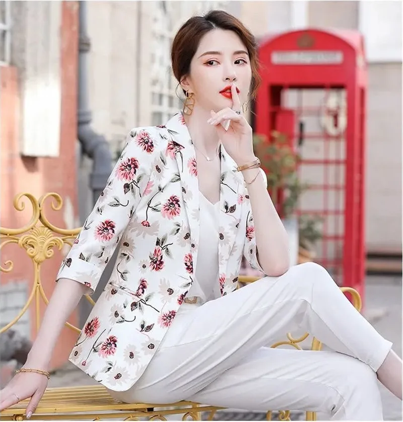feminino verão estilo fino fried street print pequeno terno jaqueta feminina estilo coreano magro manga de três quartos pequeno terno