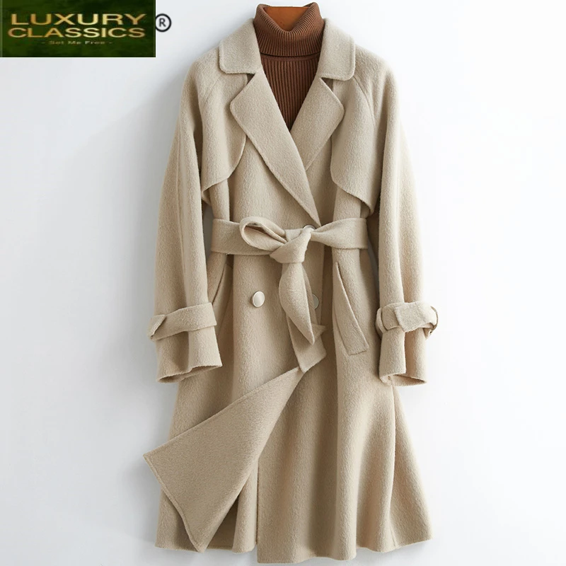 

Female Autumn Winter Coat 100% Wool Jacket Women Clothes 2021 Korean Elegant Belt Alpaca Coat Vintage Woolen Jacket 05651