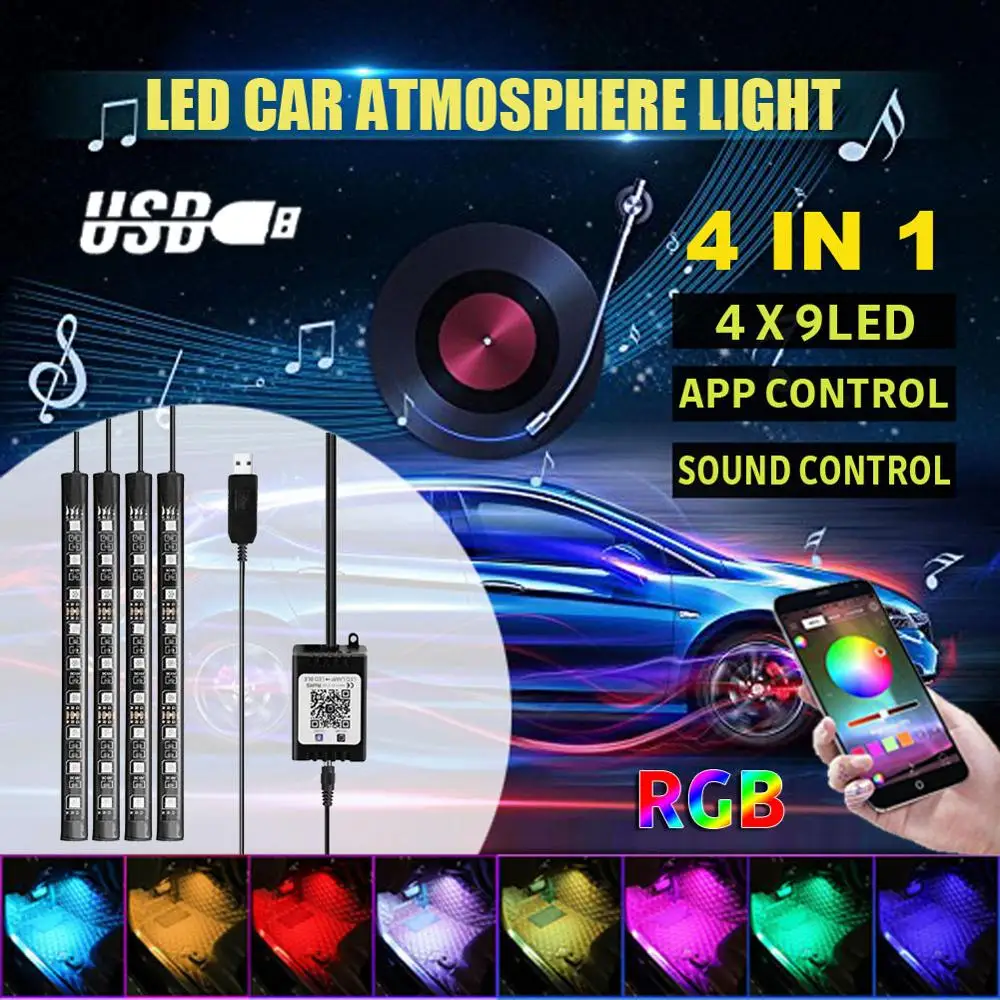 

RGB Multi-color Car LED Neon Interior Light Lamp Strip Decorative Atmosphere Lights Wireless Phone APP Control Foot Lamp