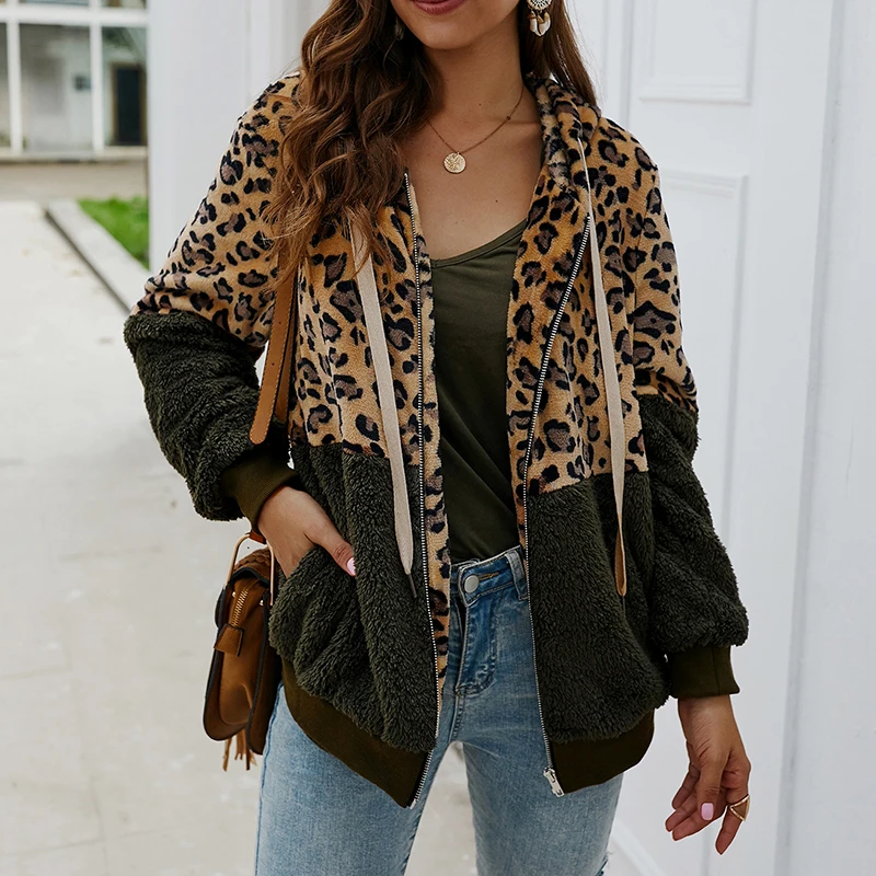 Леопардовые женские толстовки, плотные Лоскутные Длинные рубашки, толстовки с капюшоном, с карманами на молнии, осенне-зимняя теплая одежда, уличная одежда M0607