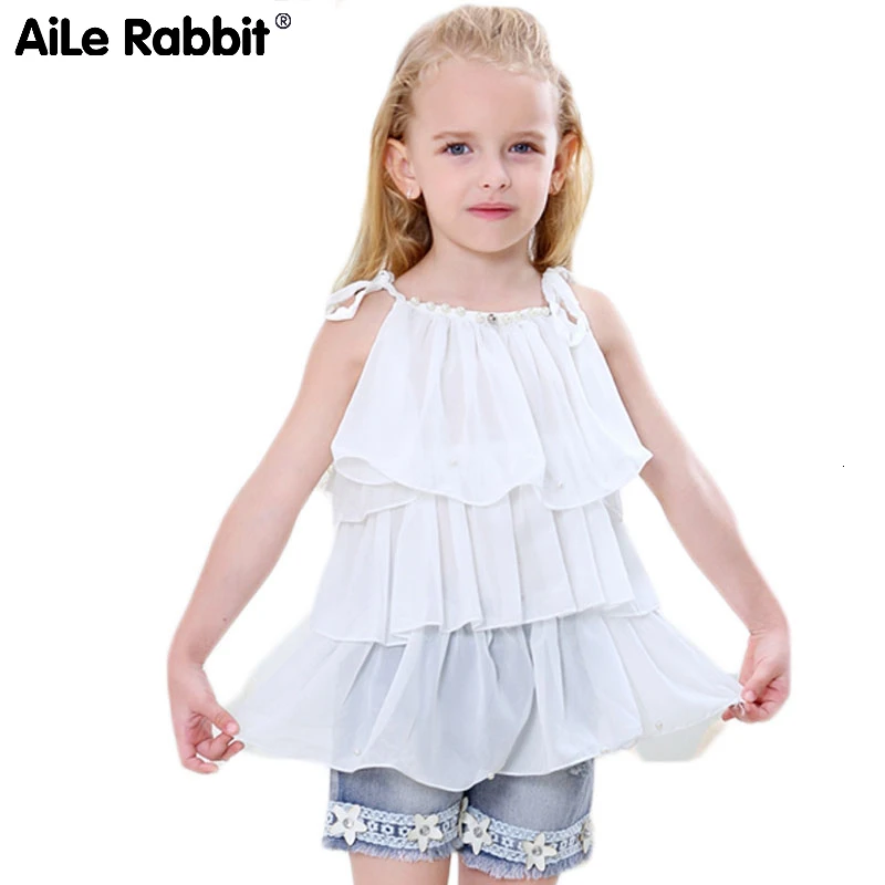 AiLe Rabbit/летняя детская одежда в Корейском стиле шифоновые штаны на бретельках для девочек комплект из 2 предметов, топ на бретельках с жемчужинами и цветами, джинсовый Детский комплект K1