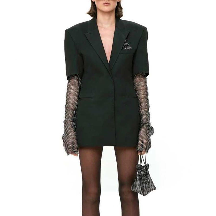 

2019 Autumn Black Fashion Women Coats and Jackets Turn-down Collar Single Breasted Patchwork Diamond Hollow Out Perspective Coat
