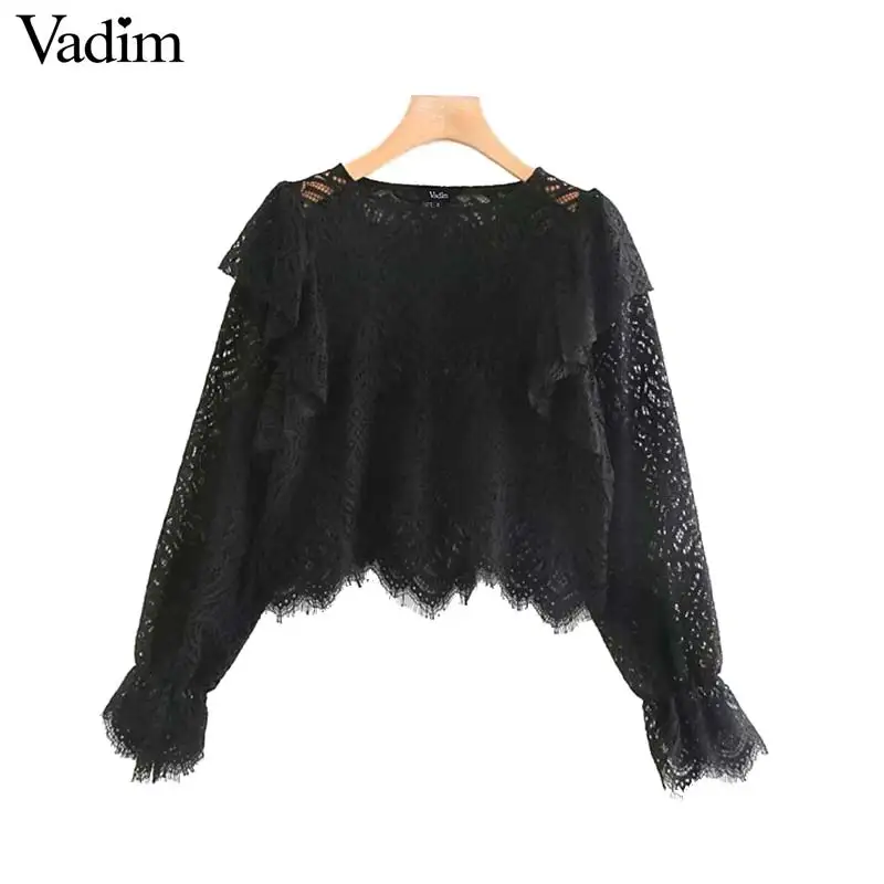Vadim women vintage lace design blouse long sleeve ruffles see through shirt female stylish tops blusas LB632