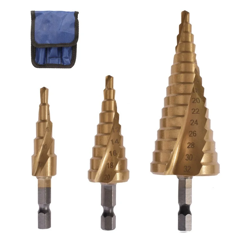 

Hexagon Handle Spiral Pagoda Wood Metal Hole Cutter 4-12 4-20 4-32mm Electric Drill Reaming High Speed Steel Step Drill Set