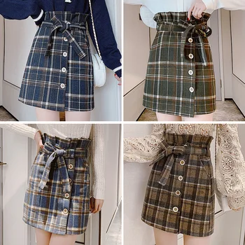

2020 Winter New Style High-waisted Bud Woolen Lattice Word Skirt A- line Skirt