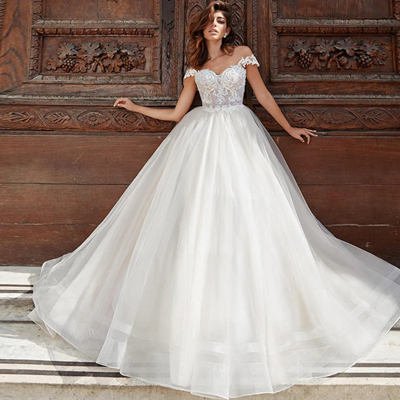 

Gorgeous Off-the-shoulder Ball Gown Wedding Dress Appliqued Tulle Vestido de Novia Custom Made Bride Dress