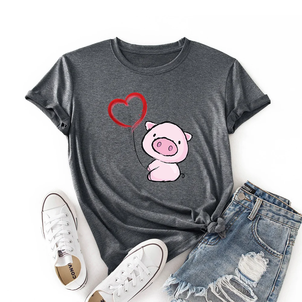 Woman Short Sleeve Colored  Graphic Tees Summer T-Shirt Female Tops Shirts for Women Cute Animal Piggy Love Heart Pig Top vintage t shirts