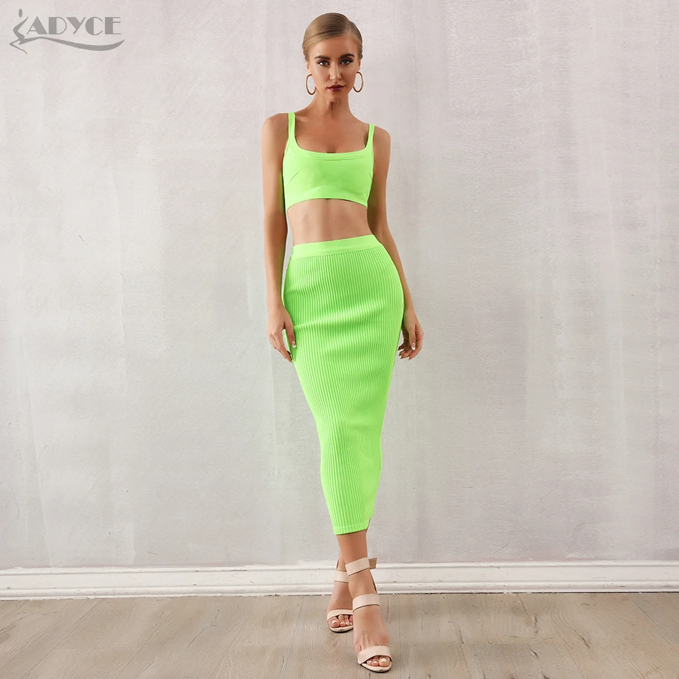 

ADYCE 2019 New Summer Women Bodycon Bandage Sets 2 Two pieces Set Top Green Strapless Sleeveless Celebrity Evening Party Dresses