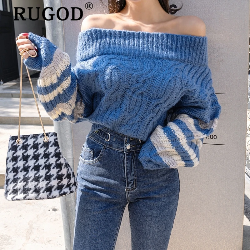 RUGOD, элегантный женский свитер с открытыми плечами, модный, длинный рукав, витая трикотажная одежда, Женский Повседневный стиль, лоскутные, свободные свитера
