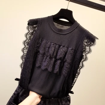 

Loose lace patchwork knitted tank top women Ice silk sleeveless loose tops korean summer 2019 new arrival