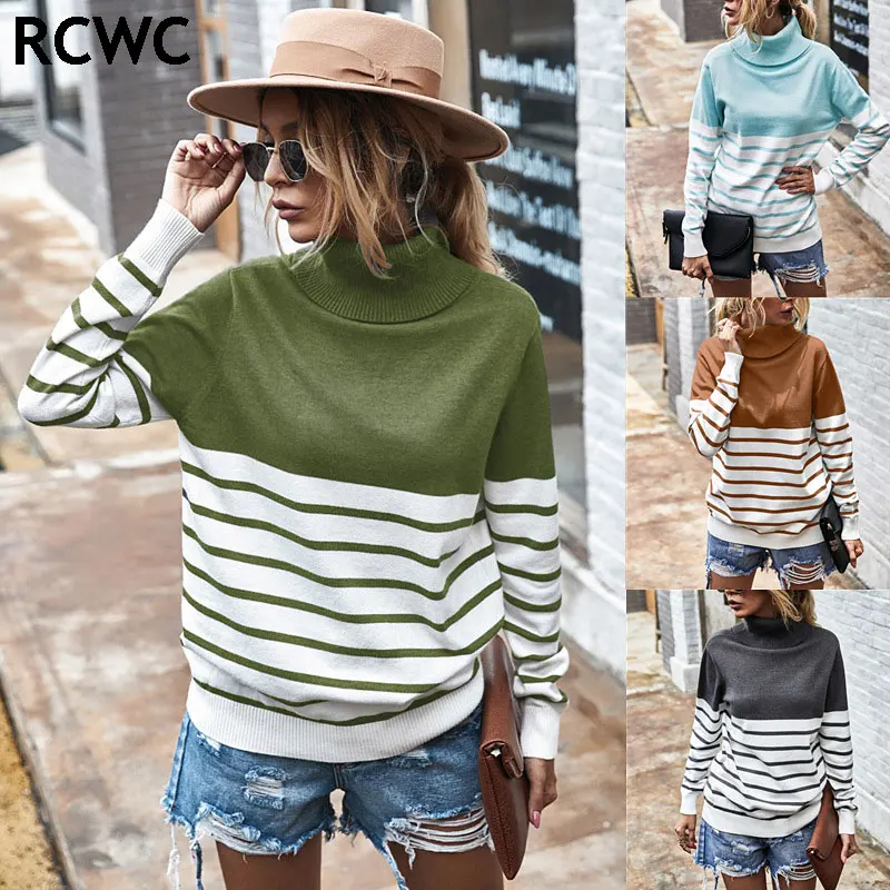 

RCWC Women's Sweater 2020 Autumn/Winter New Product Contrast Color Loose High Neck Striped Sweater Women's Top