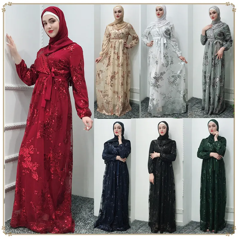 

Lace Embroidery Bronzing Muslim Dresses Women Long Robe Gowns Abaya Dubai Turkey Islamic Dress Middle East Eid Ramadan Clothing