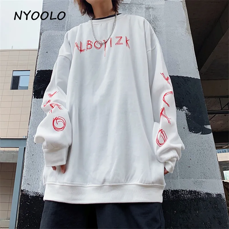 NYOOLO Harajuku стиль простые с буквенным принтом Свободные теплые белые толстовки осенне-зимняя уличная мода плюс бархатные пуловеры толстовка женская мужская одежда топы