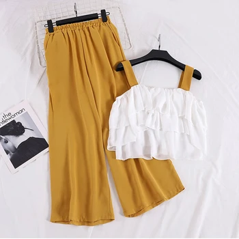 

Summer Women 2pcs Set Elegant White Cascading Ruffle Vest + Wide Leg Elastic High Waist Pants Female Two Piece Set Suit New