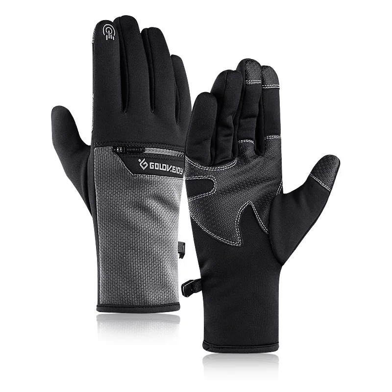 Зимние лыжные мужские перчатки теплые женские перчатки с сенсорным экраном водонепроницаемые Нескользящие велосипедные перчатки для спорта на открытом воздухе с карманом на молнии плюс бархат - Color: gray