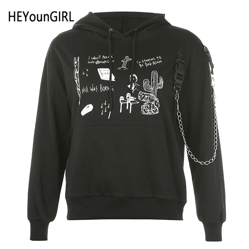 Черный HEYounGIRL с принтом корейские толстовки женские с цепочками черные повседневные Harajuku Толстовка женские готические пуловеры с длинным рукавом осенние - Цвет: Черный