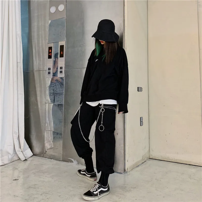 Kpop черные розовые женские брюки в стиле Харадзюку в готическом стиле, женские брюки в стиле хип-хоп для уличных танцев, темно-черные штаны на молнии