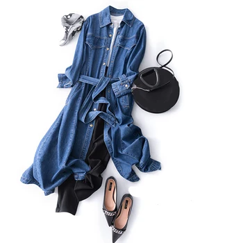 

100% cotton denim women trench coat 2019 autumn winter new long jean sashes belt pokcet office lady outwear coat tops