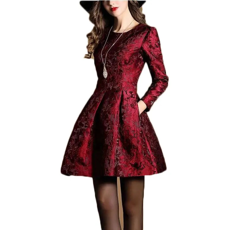 Женское жаккардовое платье с круглым вырезом длинным рукавом|clothes fashion|fashion clotheslace