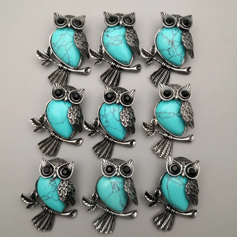 Turquoise Модные подвески и ожерелья в виде совы из натурального камня для изготовления ювелирных изделий, очаровательные детали, 12 шт./лот - Окраска металла: Turquoise