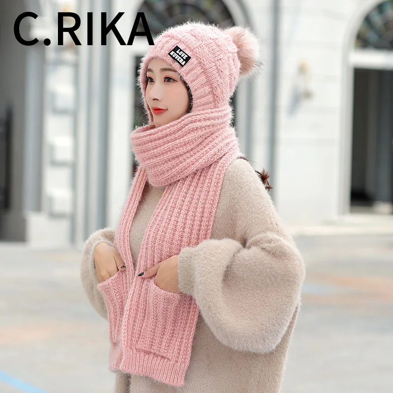

New Winter Hat and Scarf Set for Women Warm Thick Hat Scarf Glove Set Pompom Ball Knitted Hat Beanie Hat Girls Outdoor Ski Cap