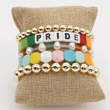 

Shinus Fashion Rainbow Enamel Stretch Letter Bracelets Women Bracelet For Girl Gold Color Bead Pearl Jewelry Gift For Ladies