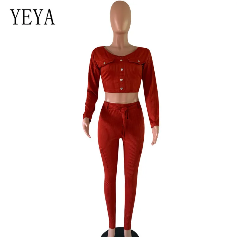 Orange Red YEYA/комплект из двух предметов; элегантные модные спортивные костюмы с длинными рукавами; с пуговицами; Женские повседневные Комбинезоны с эластичной резинкой на талии; сезон осень - Цвет: Orange Red