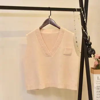 

Spring Autumn Women Solid Color Sleeveless V Neck Pocket Knitted Vest Tank Top