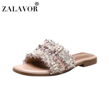 

ZALAVOR New Women Sandals Shoes Good Quality Real Cow Leather Slippers Fashion Pearls Square Low Heels Shoes Women Size 33-41