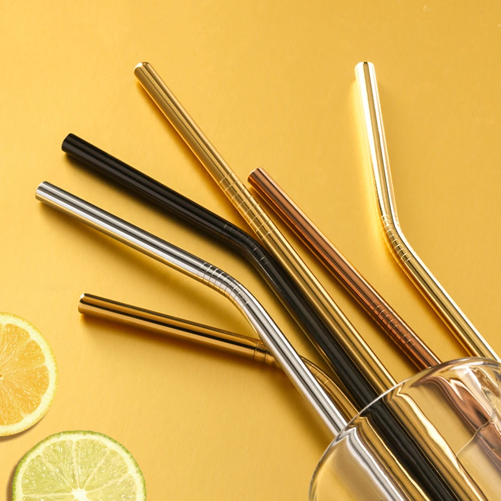 

Reusable Metal Drinking Straws 8.46'' 304 Stainless Steel Sturdy Bent Straight Drinks Straw with with Cleaner Brush for Mugs