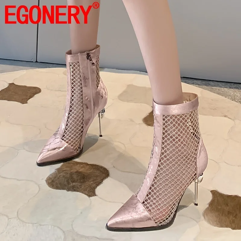 

EGONERY spring new fashion women boots outside high heels zip women shoes pointed toe hollow plus size ankle boots drop shipping