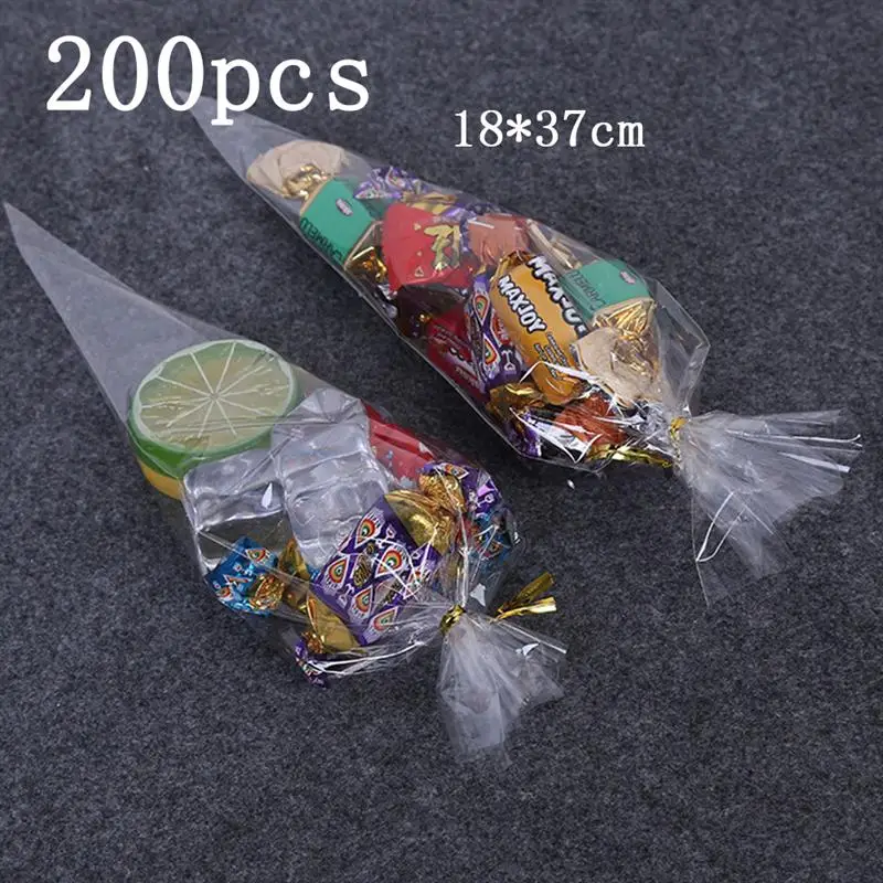 200pcs Transparent Clear Opp Bags Candy Bag Gift Triangle Food Packaging With Cable Ties Flower Party | Дом и сад