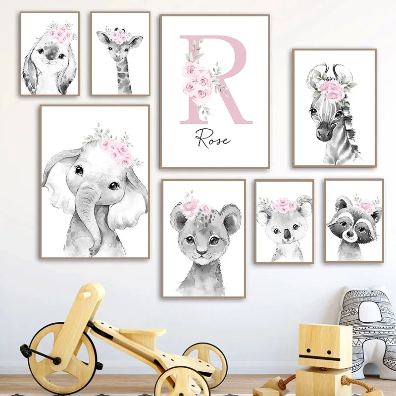 Póster personalizado con nombre de bebé para guardería, lienzo de pintura con impresión de flores rosas, animales, arte de pared para decoración de dormitorio de niñas - Imagen 3
