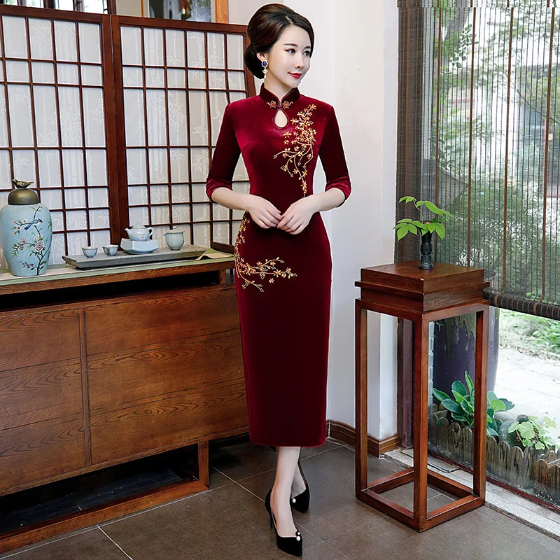 Милое Новое китайское платье с бусинами для молодых леди Qipao, новинка, С Вырезанным воротником, ретро, бордовый чонсам, большие размеры, 3XL-4XL, Vestidos