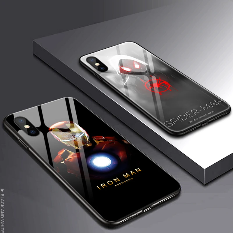 Роскошный Железный человек Человек-паук вызов мигающий чехол для IPhone 11 Pro Max X XS Max XR закаленное стекло защитный корпус телефона Capa Coque