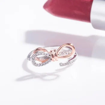 

S925 Sterling Silver Two-color Bow Ring Three-dimensional Opening Micro-set New Romantic Ring for Girls