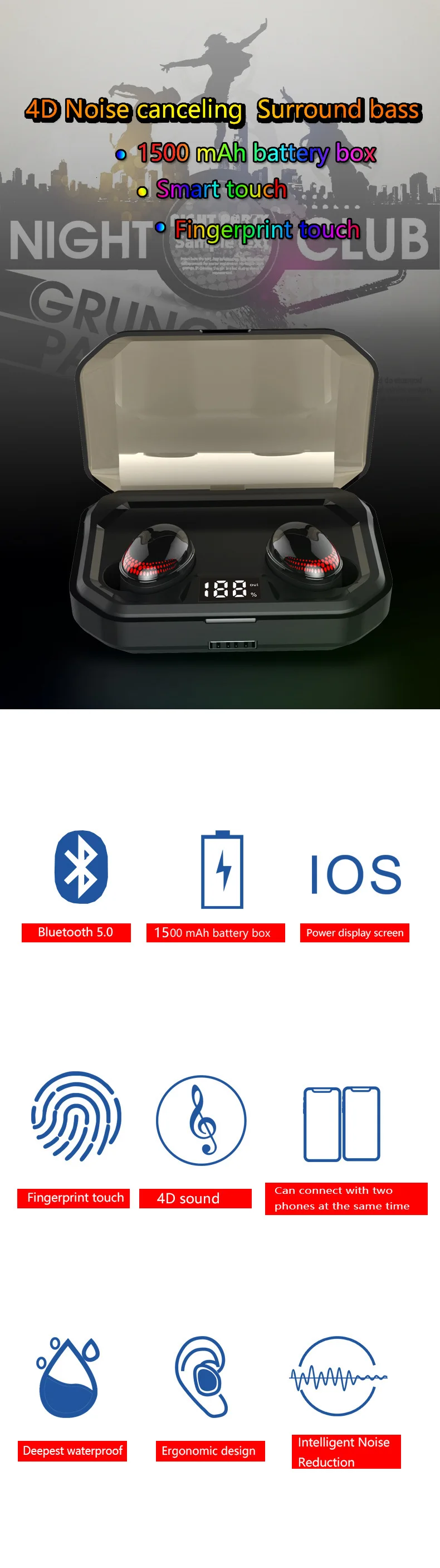 Bluetooth 5,0 bluetooth-гарнитура Tws digitaal display waterdicht als mobiel draadloos