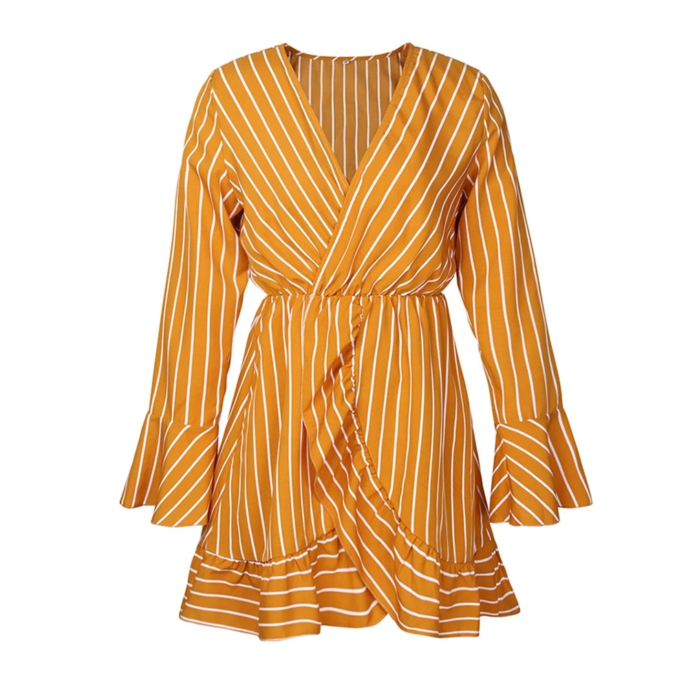 

Summer White Striped Mini Dress 2019 Sexy Ruffle Split Long Sleeve V-neck Elegant Dresses for Girls Casual Beach Vestidos Female