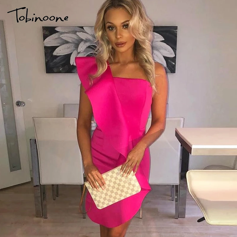 

Tobinoone Sexy Bandage Dress Women 2019 New Club Wear Ruffles One Shoulder Mini Dresses Bodycon Celebrity Party Dress Vestidos