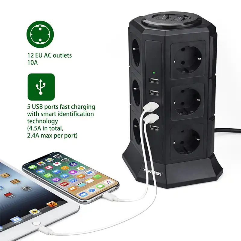 Vertical Tower Desktop Socket 12AC EU Socket Plug 5USB Power Strip Overload//Surge Protector Multi Extension Socket 2M Cord