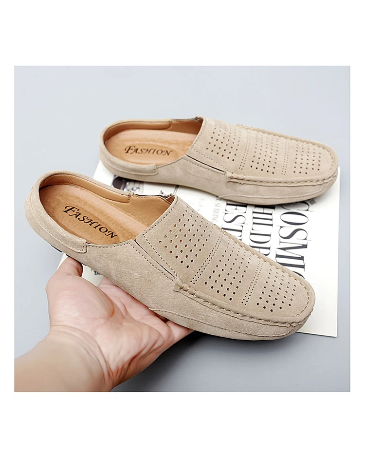 Man Summer Fashion Pig Skin Casual Half Shoe Male Breathable Soft Backless Half Loafers Hombre Open Back Leather Comfy Mocassins