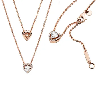 

925 Sterling Silver 2020 New Winter Rose Sparkling Heart Necklace For Women Brand Original Necklace Jewelry Gift
