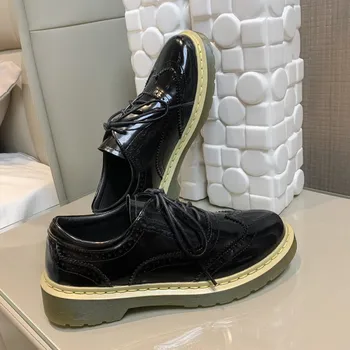 

MLJUESE 2020 women pumps autumn spring cow leather brogue style lace up apricot color round toe lady shoes party dress wedding