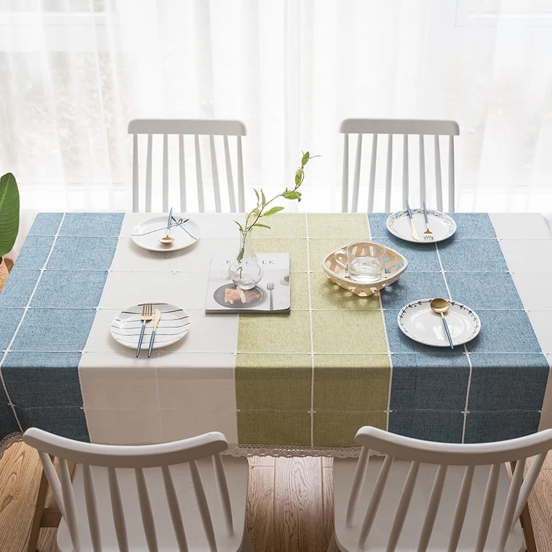 Promotion! Tablecloth, Rectangular Cotton and Linen Tablecloth Lace Tassel Table Cloth, Washable Kitchen Tableware(Color: Blue