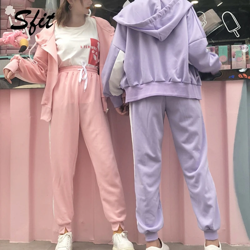 

Sfit Spring Autumn Two Piece Sets Women Tracksuit Splice Zipper Hooded Long Sleeve Pullover Sport Tops+Long Pants Gym Clothing