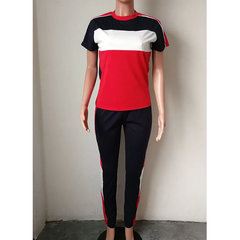 Новинка, женский спортивный комплект из двух предметов, летняя одежда, цветная футболка с коротким рукавом+ штаны для фитнеса, повседневный спортивный костюм