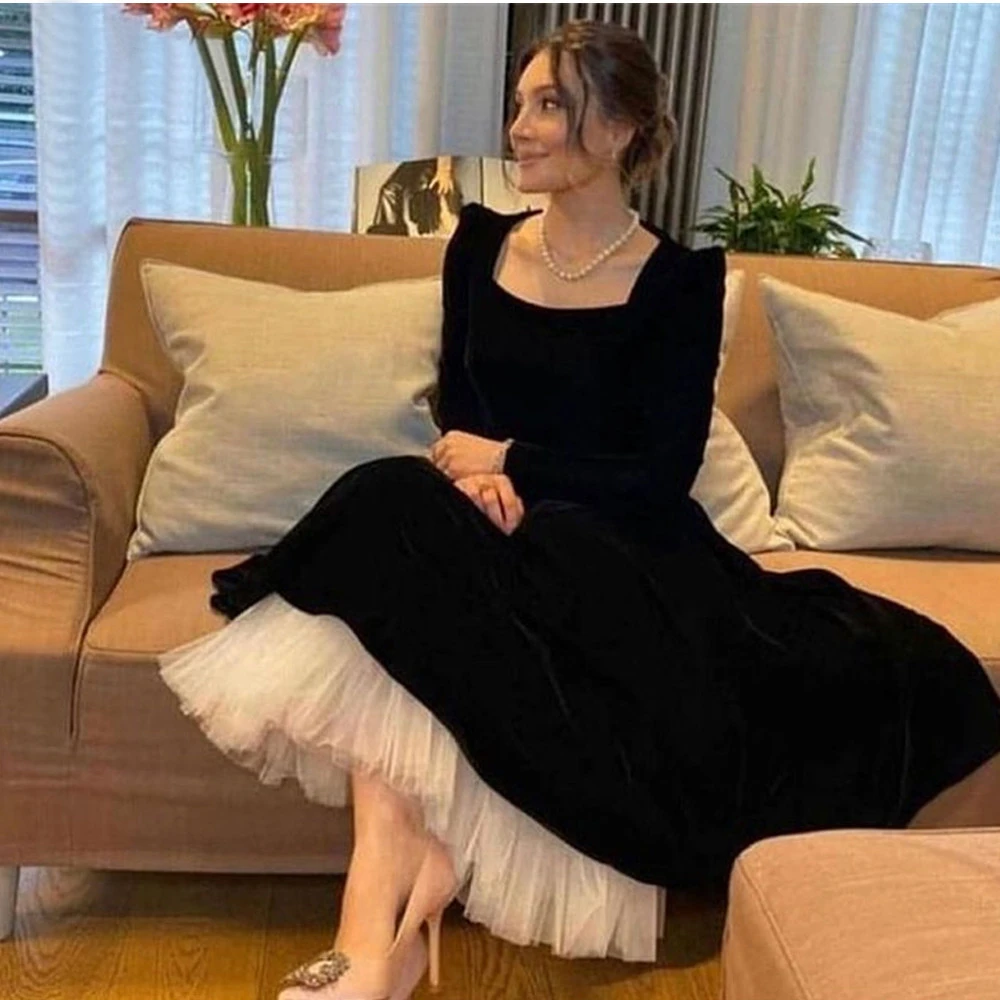 silver prom dresses BridalAffair Modest Black Velvet Evening Dresses Long Sleeve Square Collar White Bottom Tea Length Formal Party Simple Prom Gown short formal dresses