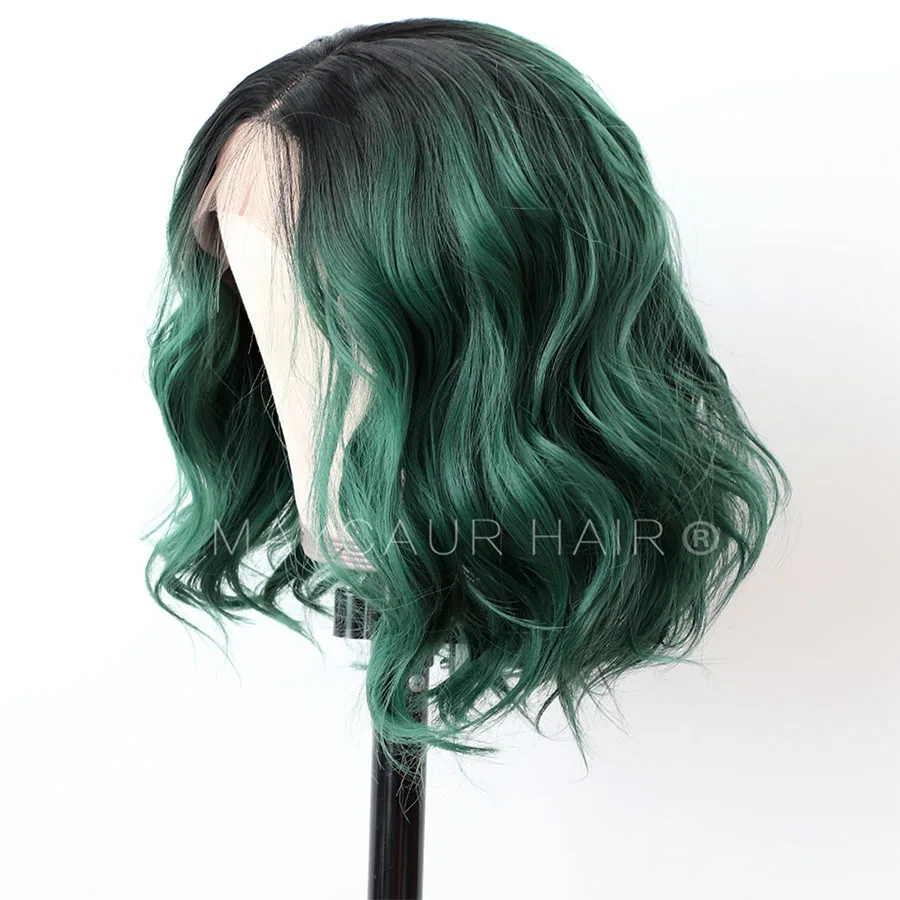 Maycaur Black Dark Green Short Bob Hair Synthetic Lace Front Wig Short Wavy Wigs with Natural Hairline For Women (6)