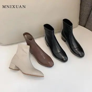 

MNIXUAN Winter Ladies Boots 2019 square toe slip on Spring Autumn Square High Heels Ankle Boots Block Heel Shoes big plus Size42